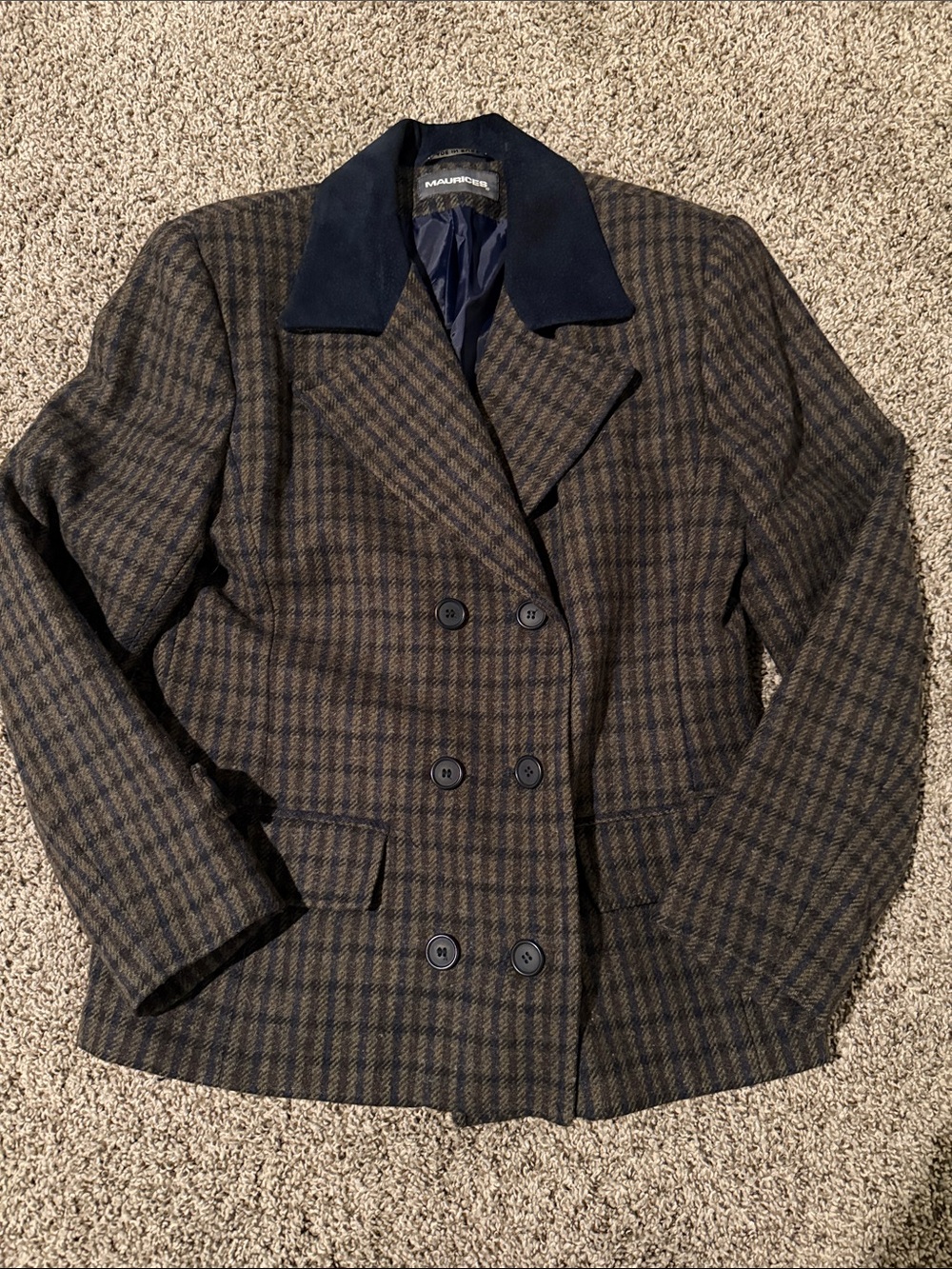 Maurices Russia Vintage Brown & Navy Plaid Double-Breasted Blazer